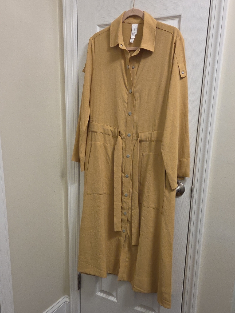 Casual Long Button-Front Maxi Dress in Mustard with Self-Tie Waist